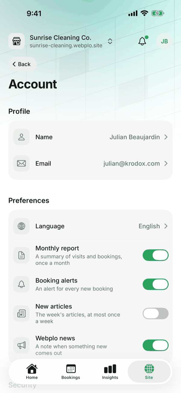 The Account screen of the Krodox app