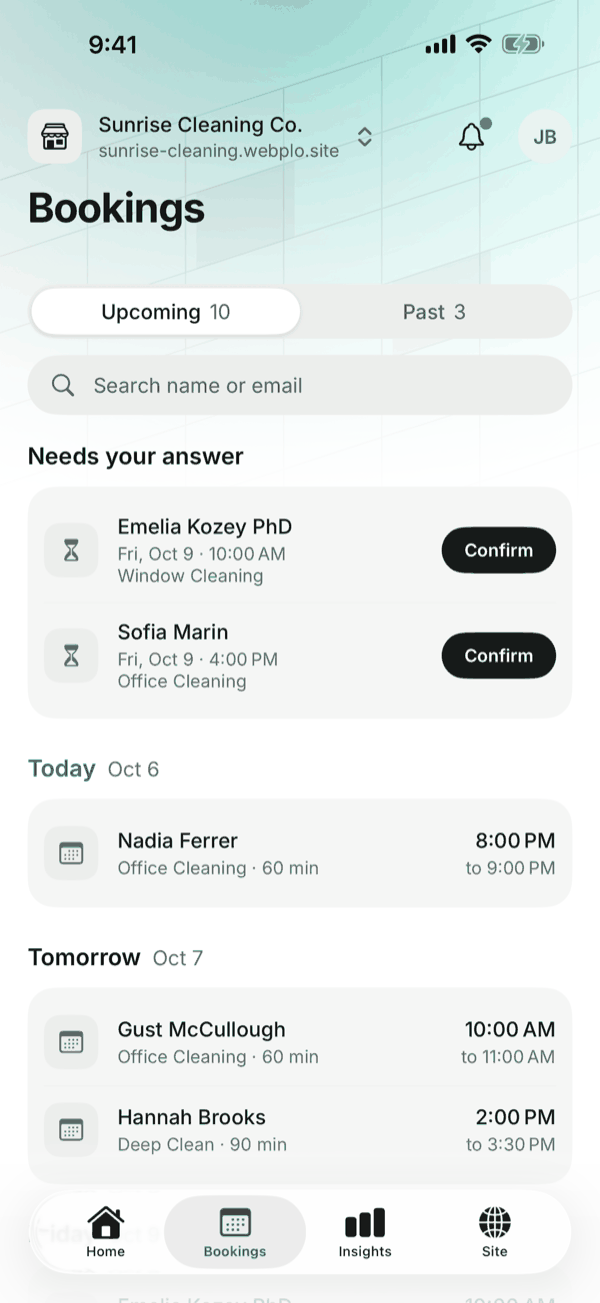 The Bookings screen of the Krodox app