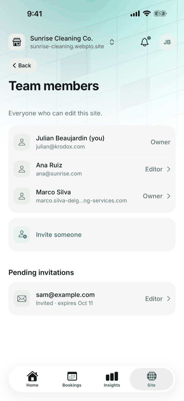 The Team members screen of the Krodox app